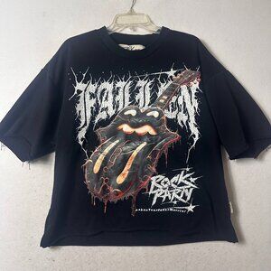 BKYS sweatshirt WOMENS L Black "Rock Party" short sleeve raw hem street art NEW